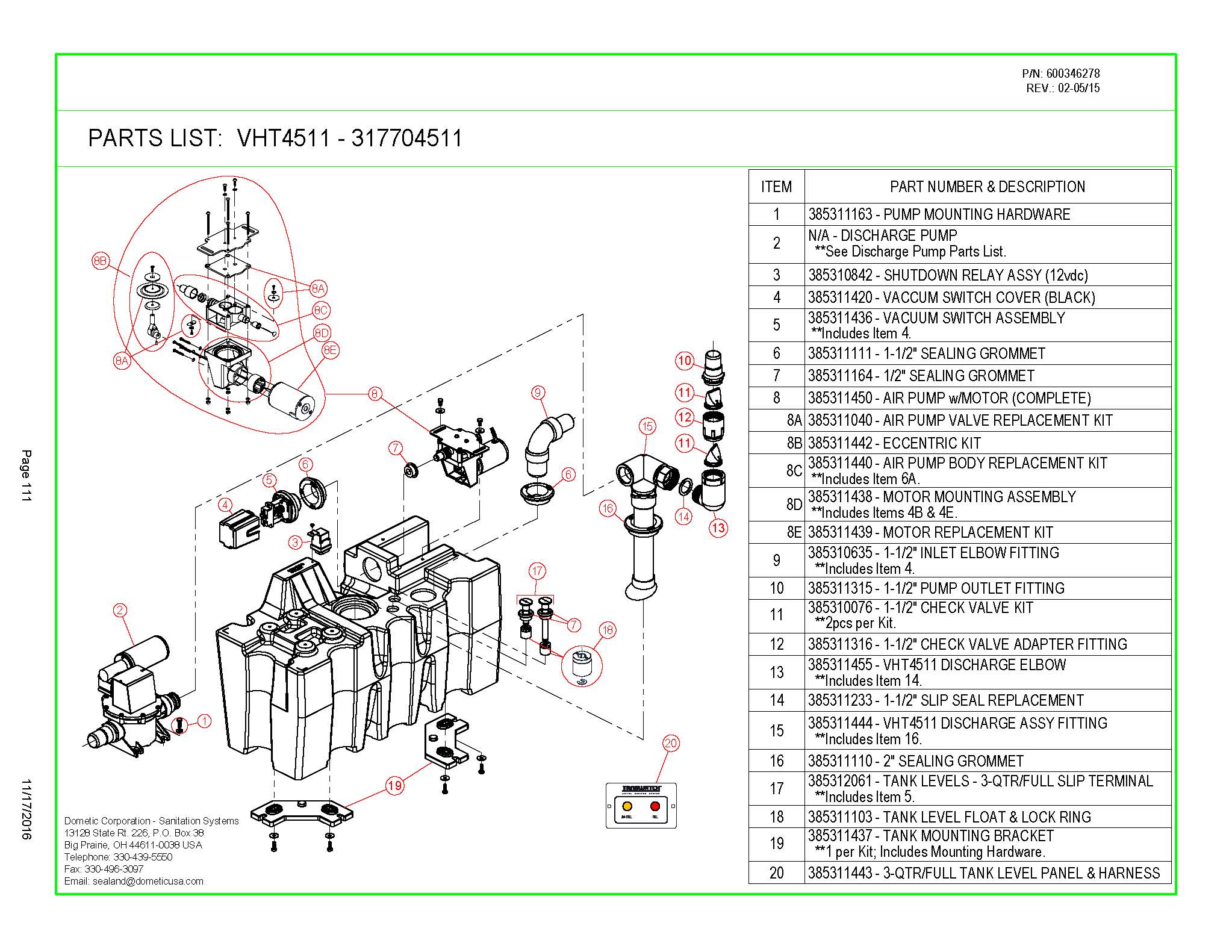 Sealand Dometic VHT4511 Vacuum Holding Tank Spare Parts